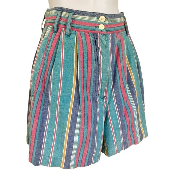Vintage 80s Preppy Boho High Rise Pleated Cotton Stripe Bermuda Shorts XS/2 - Picture 2 of 5